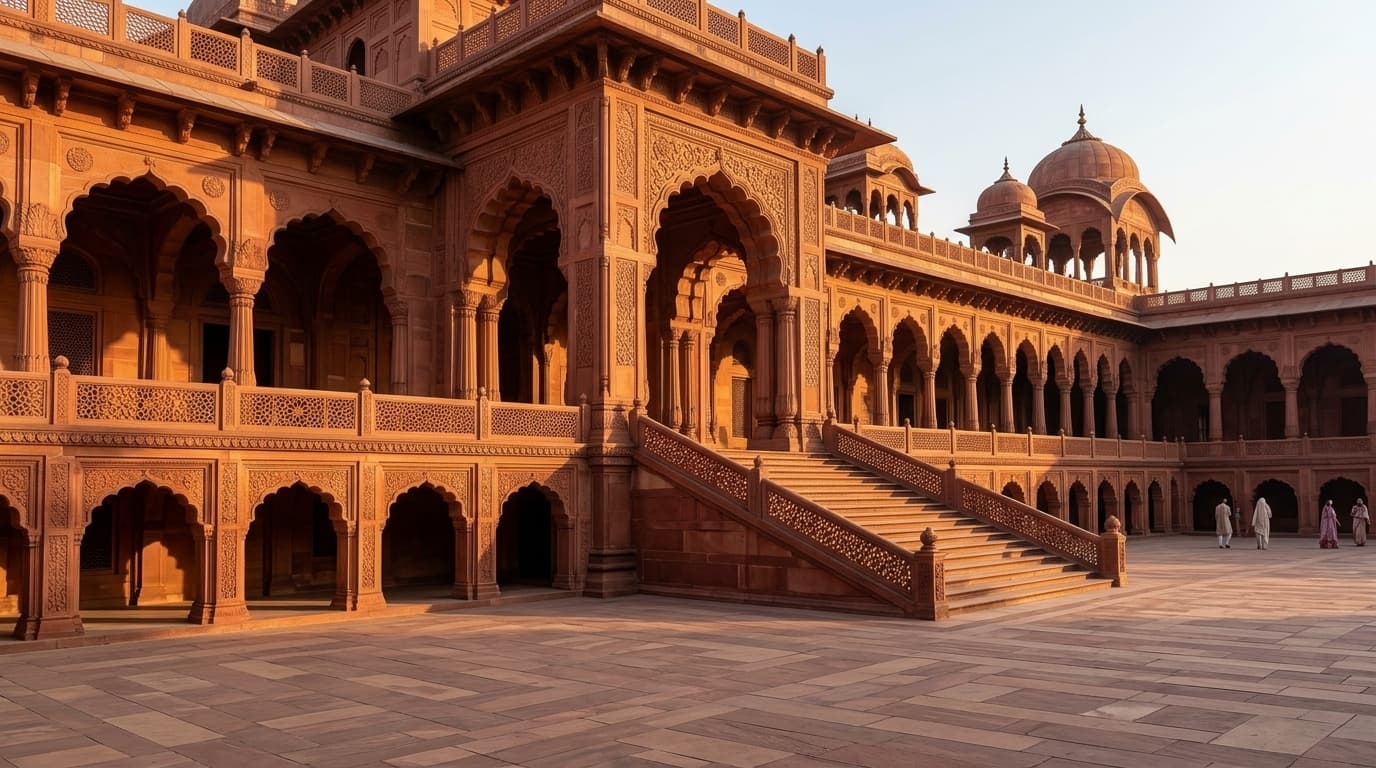 Monumental arches and grand colonnades crafted from rich authentic Agra Red and Dholpur Red natural sandstone