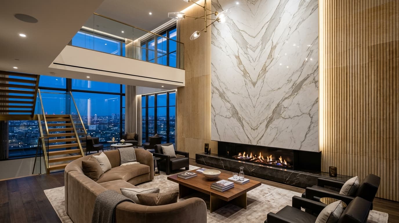 Bookmatched white marble feature wall in a modern living room