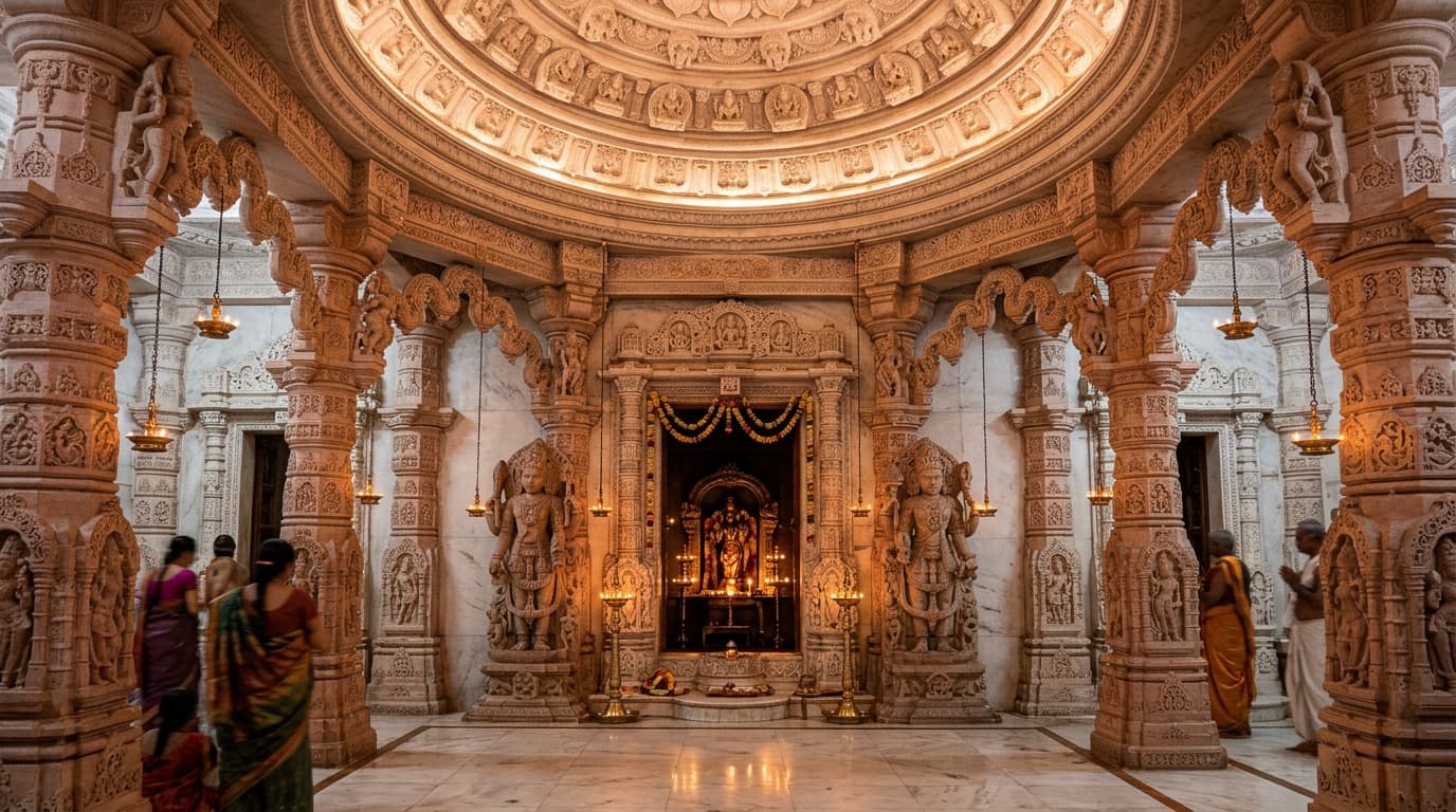 Grand sacred Indian temple sanctuary carved from pure white marble and pink sandstone with intricately sculpted apsaras and multi-tiered mandapa lotus dome