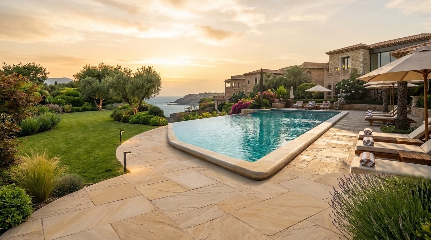 Farm house patio and pool deck paved in natural sandstone