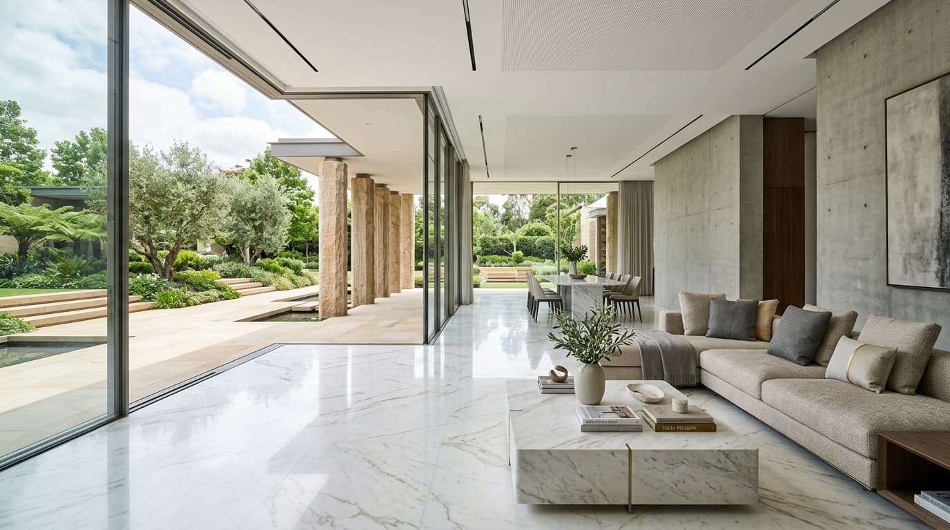 Luxury interior with natural marble flooring and stone feature wall