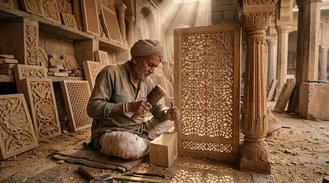 Master artisan hand carving a sandstone sculpture