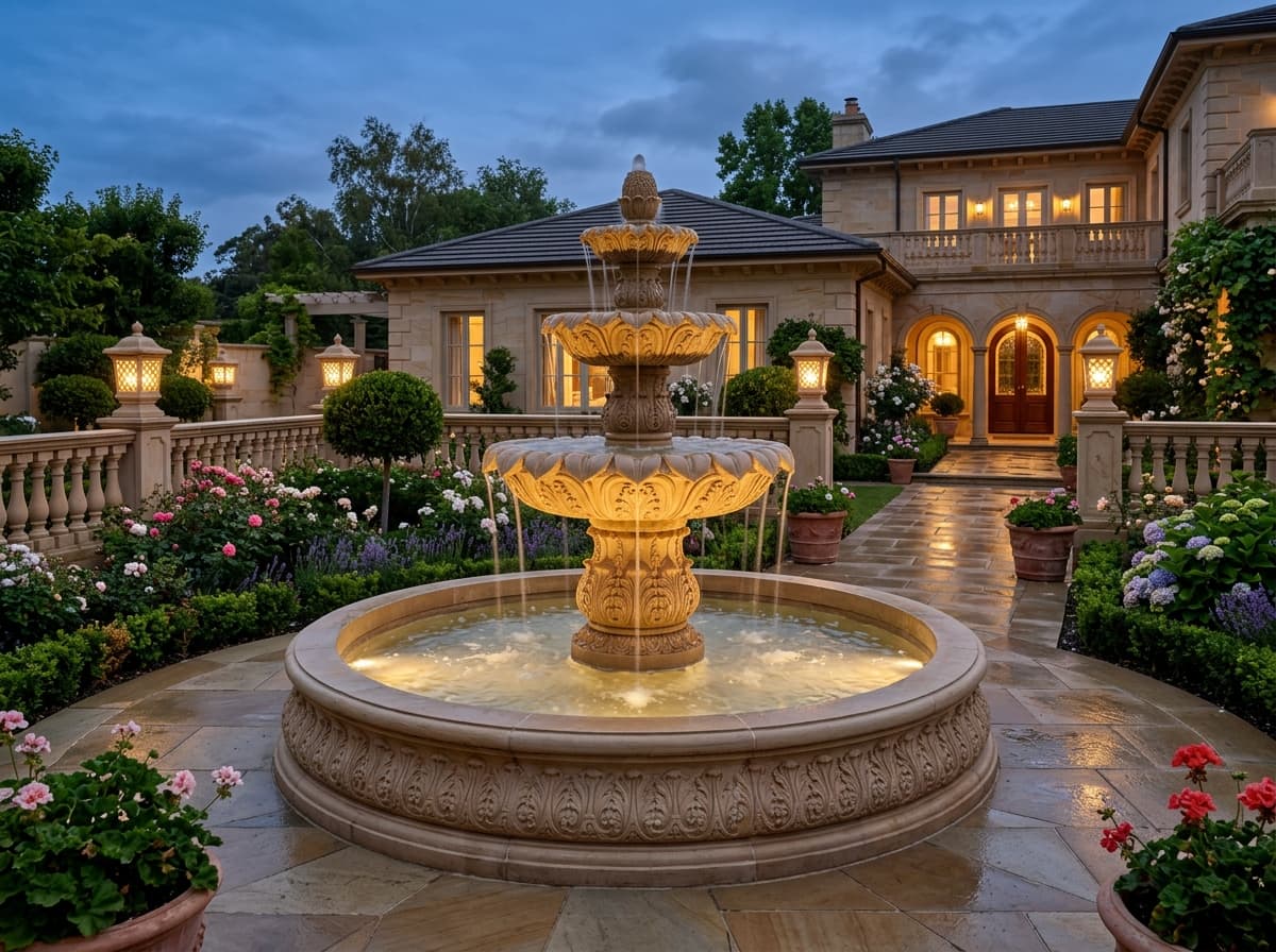 Estate Landscape Courtyard & Tiered Sandstone Fountain